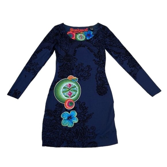 Desigual Long Sleeve Dress Sheath Paisley Floral Navy Blue Size X Small XS - Picture 4 of 17